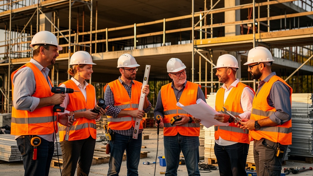 Qualifizierte Bauarbeiter und Handwerker aus Osteuropa in orangefarbenen Warnwesten bei der Arbeit auf einer Baustelle in Deutschland – A1-zertifizierte Fachkräfte aus Polen, Rumänien und Tschechien